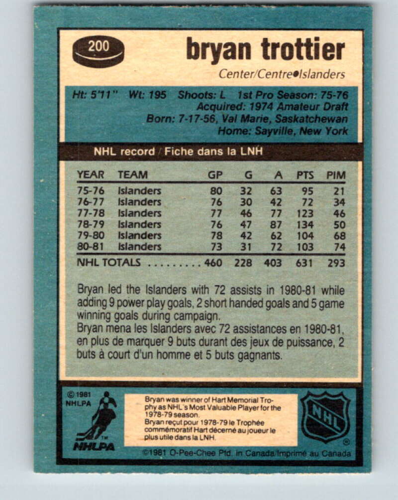 1981-82 O-Pee-Chee #200 Bryan Trottier New York Islanders V30912