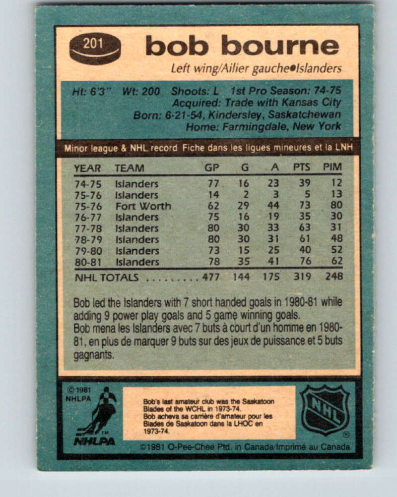 1981-82 O-Pee-Chee #201 Bob Bourne New York Islanders V30913