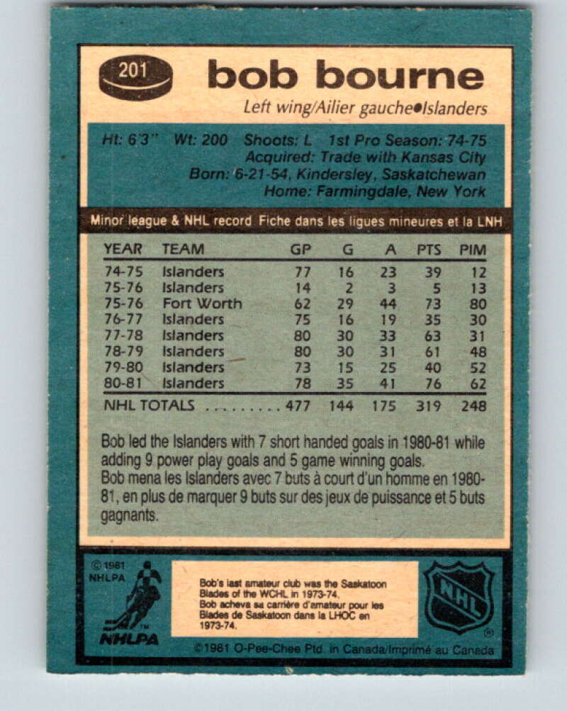 1981-82 O-Pee-Chee #201 Bob Bourne New York Islanders V30914