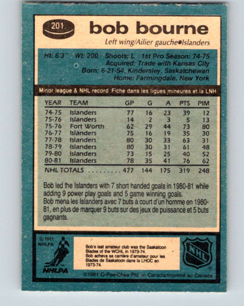 1981-82 O-Pee-Chee #201 Bob Bourne New York Islanders V30915