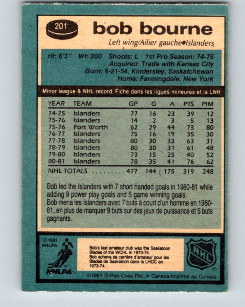 1981-82 O-Pee-Chee #201 Bob Bourne New York Islanders V30916