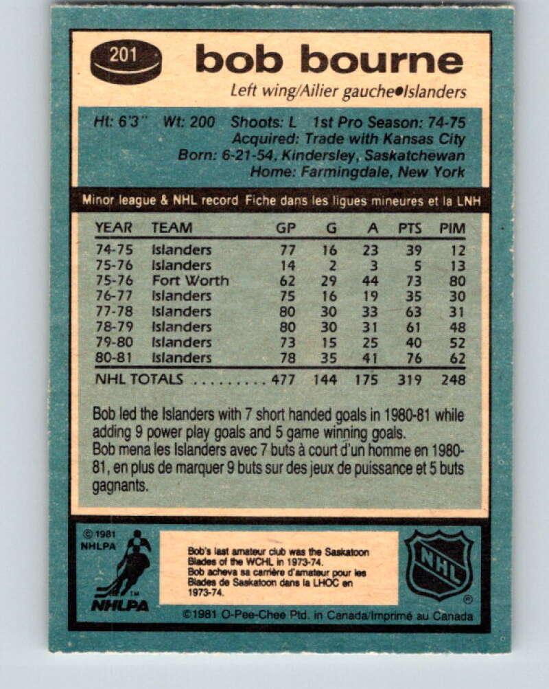 1981-82 O-Pee-Chee #201 Bob Bourne New York Islanders V30917