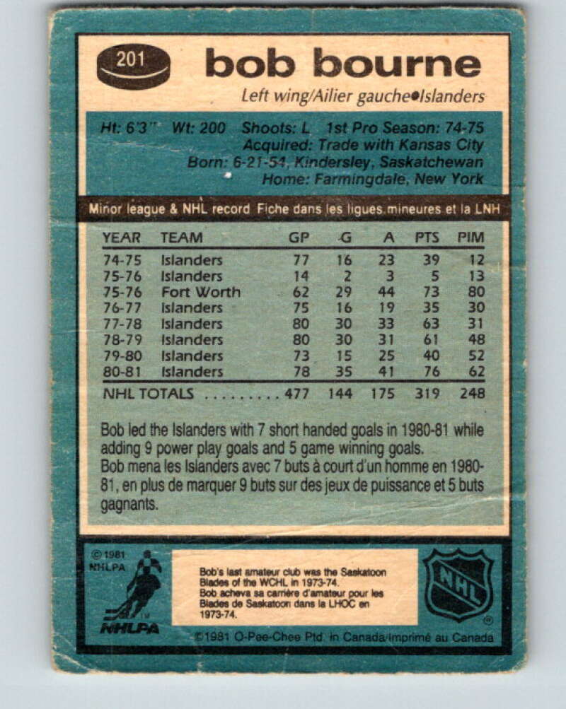 1981-82 O-Pee-Chee #201 Bob Bourne New York Islanders V30918