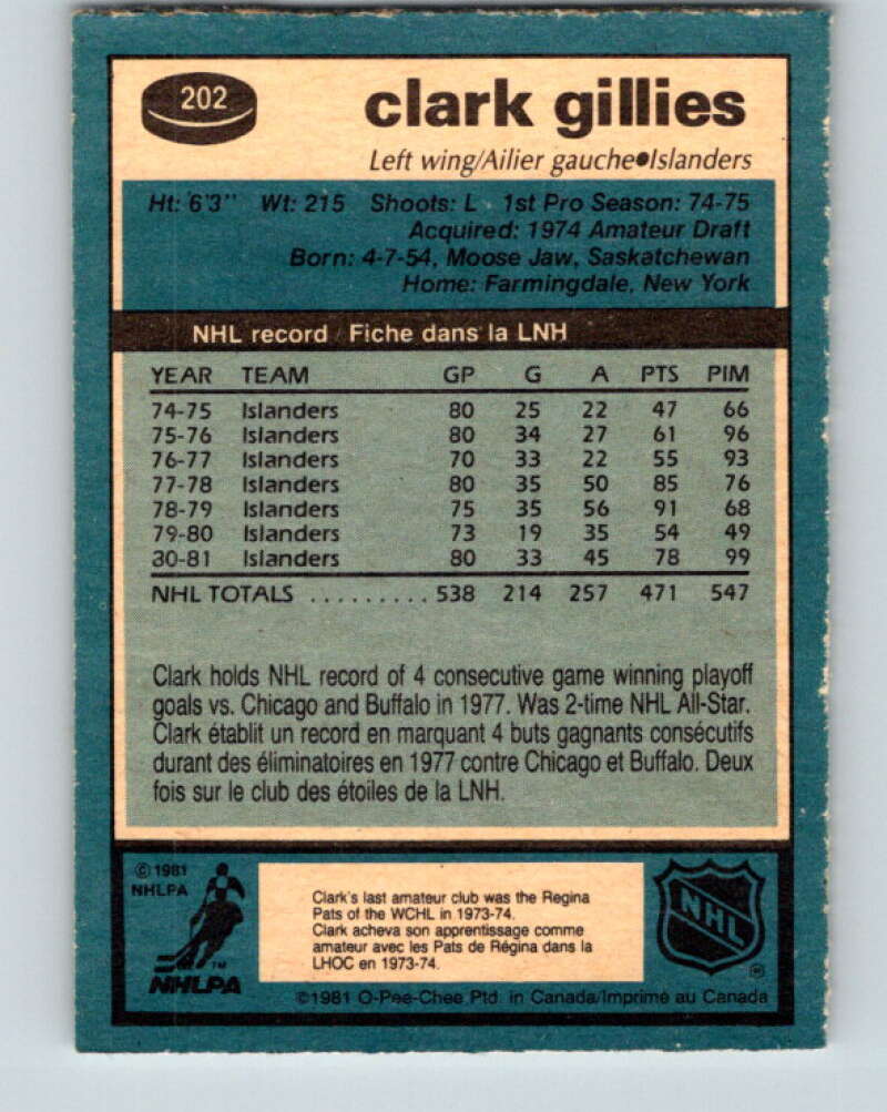1981-82 O-Pee-Chee #202 Clark Gillies New York Islanders V30919