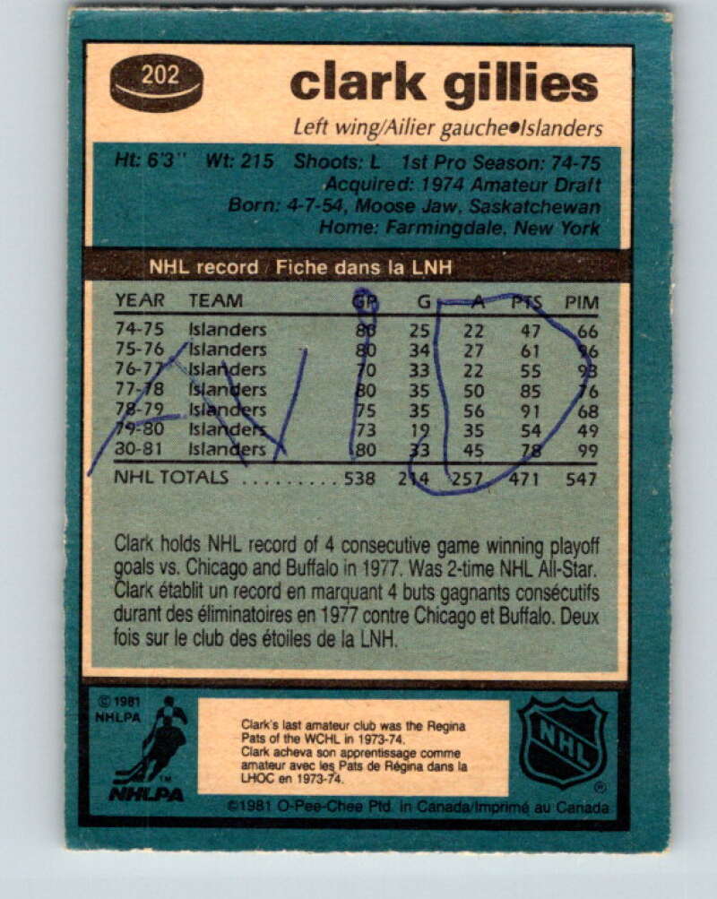 1981-82 O-Pee-Chee #202 Clark Gillies New York Islanders V30920