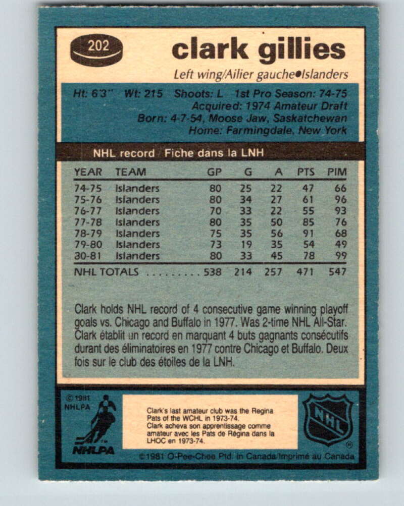 1981-82 O-Pee-Chee #202 Clark Gillies New York Islanders V30922