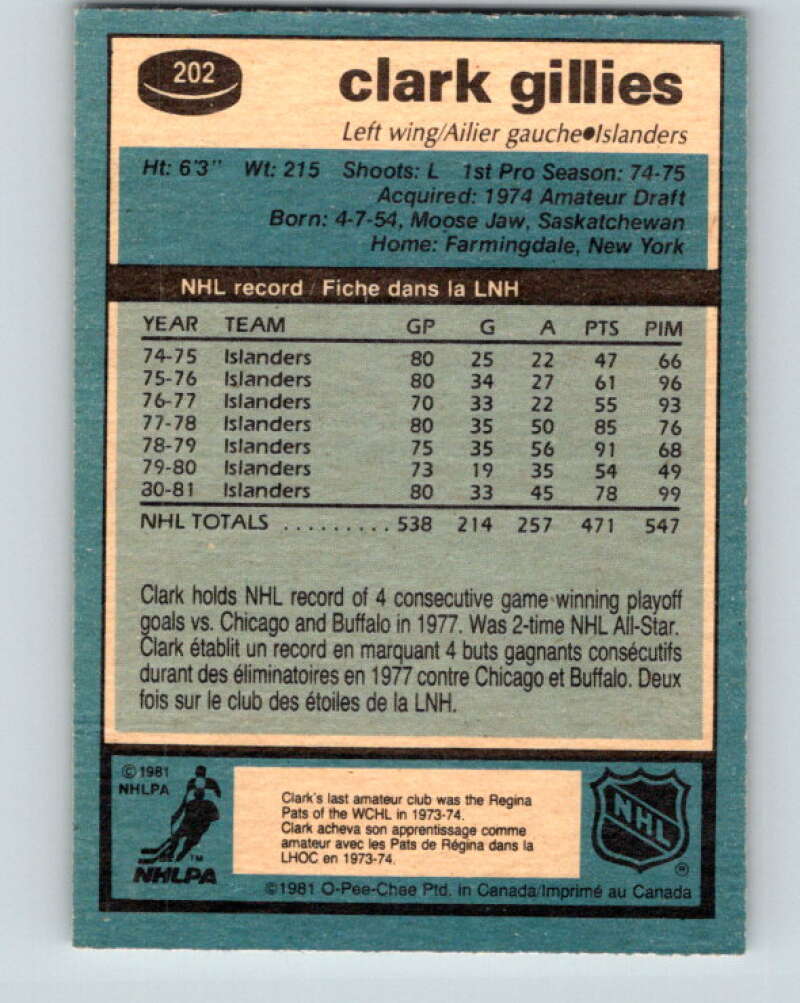 1981-82 O-Pee-Chee #202 Clark Gillies New York Islanders V30923
