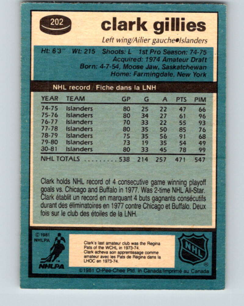 1981-82 O-Pee-Chee #202 Clark Gillies New York Islanders V30924