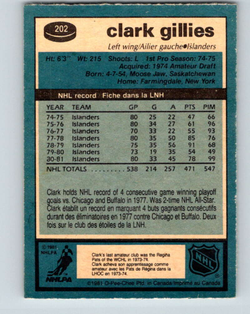 1981-82 O-Pee-Chee #202 Clark Gillies New York Islanders V30925