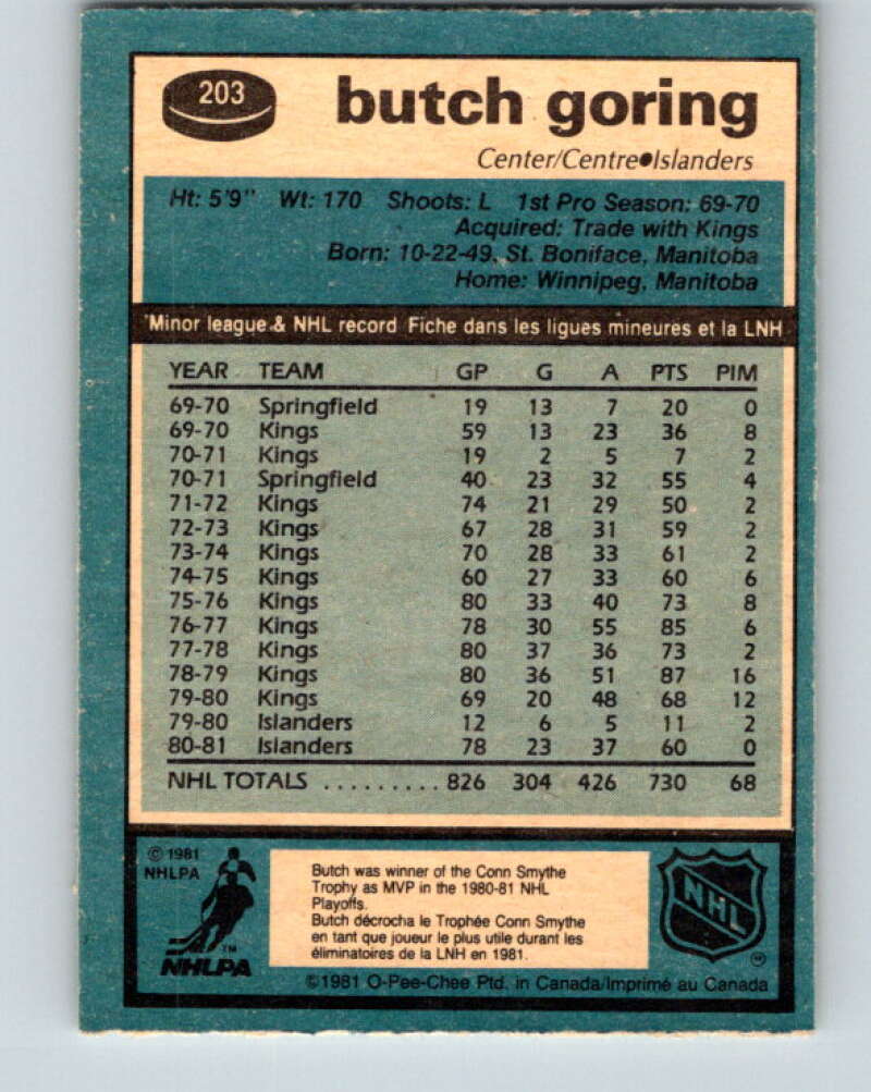 1981-82 O-Pee-Chee #203 Butch Goring New York Islanders V30926