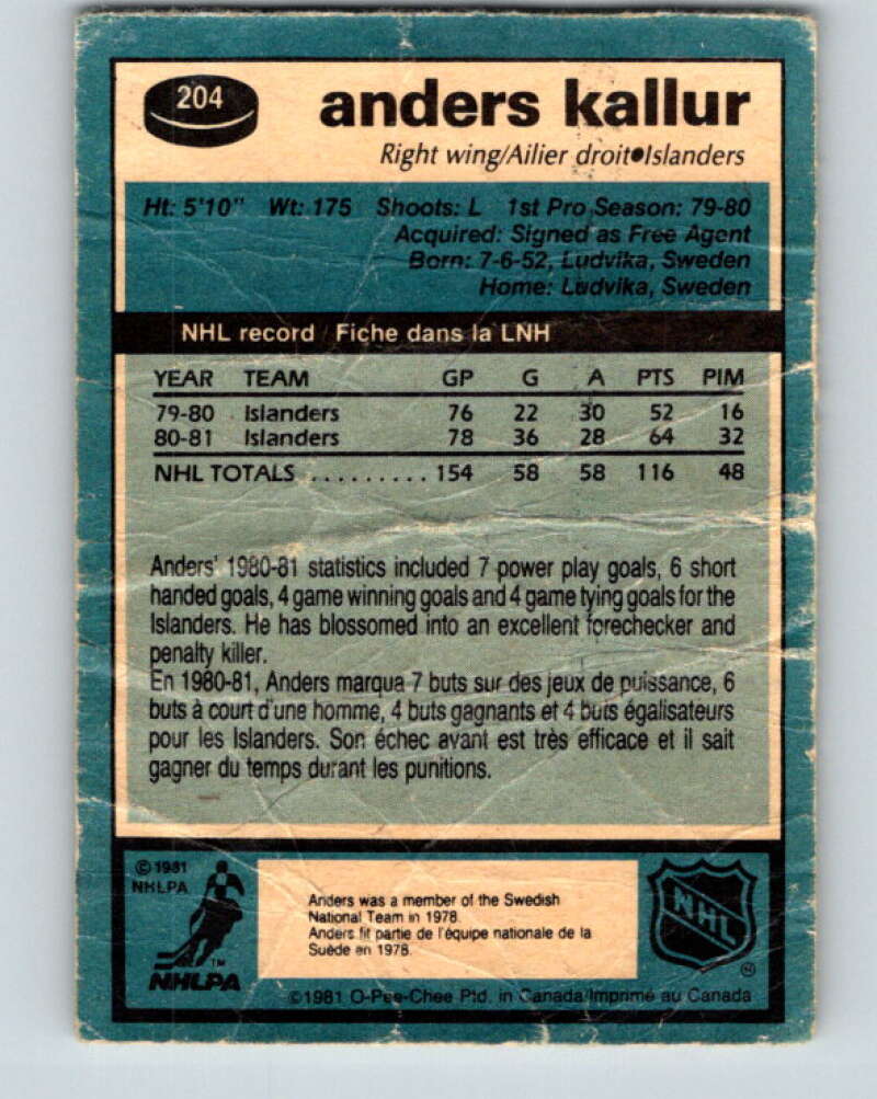 1981-82 O-Pee-Chee #204 Anders Kallur New York Islanders V30930