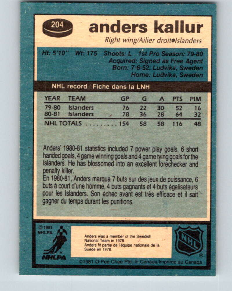 1981-82 O-Pee-Chee #204 Anders Kallur New York Islanders V30931