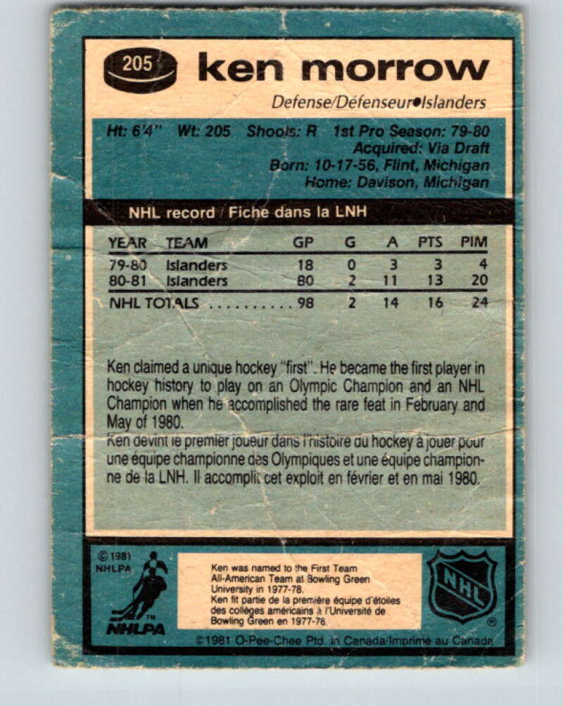 1981-82 O-Pee-Chee #205 Ken Morrow New York Islanders V30932