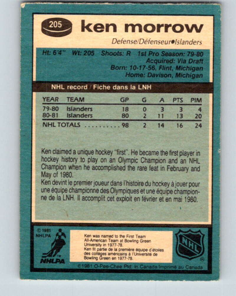 1981-82 O-Pee-Chee #205 Ken Morrow New York Islanders V30933