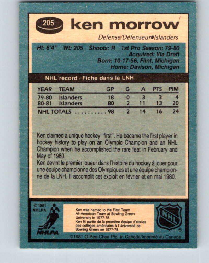 1981-82 O-Pee-Chee #205 Ken Morrow New York Islanders V30934