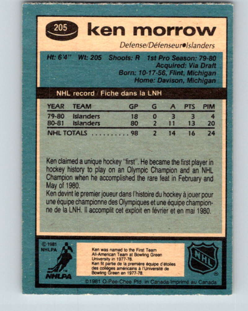 1981-82 O-Pee-Chee #205 Ken Morrow New York Islanders V30935