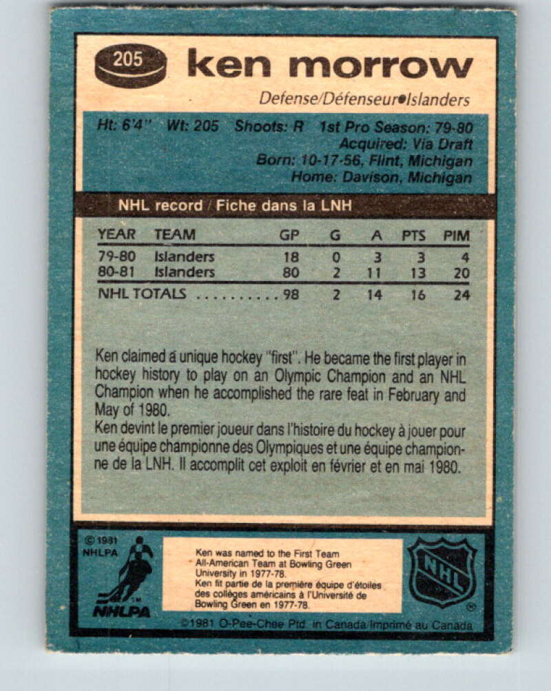 1981-82 O-Pee-Chee #205 Ken Morrow New York Islanders V30936