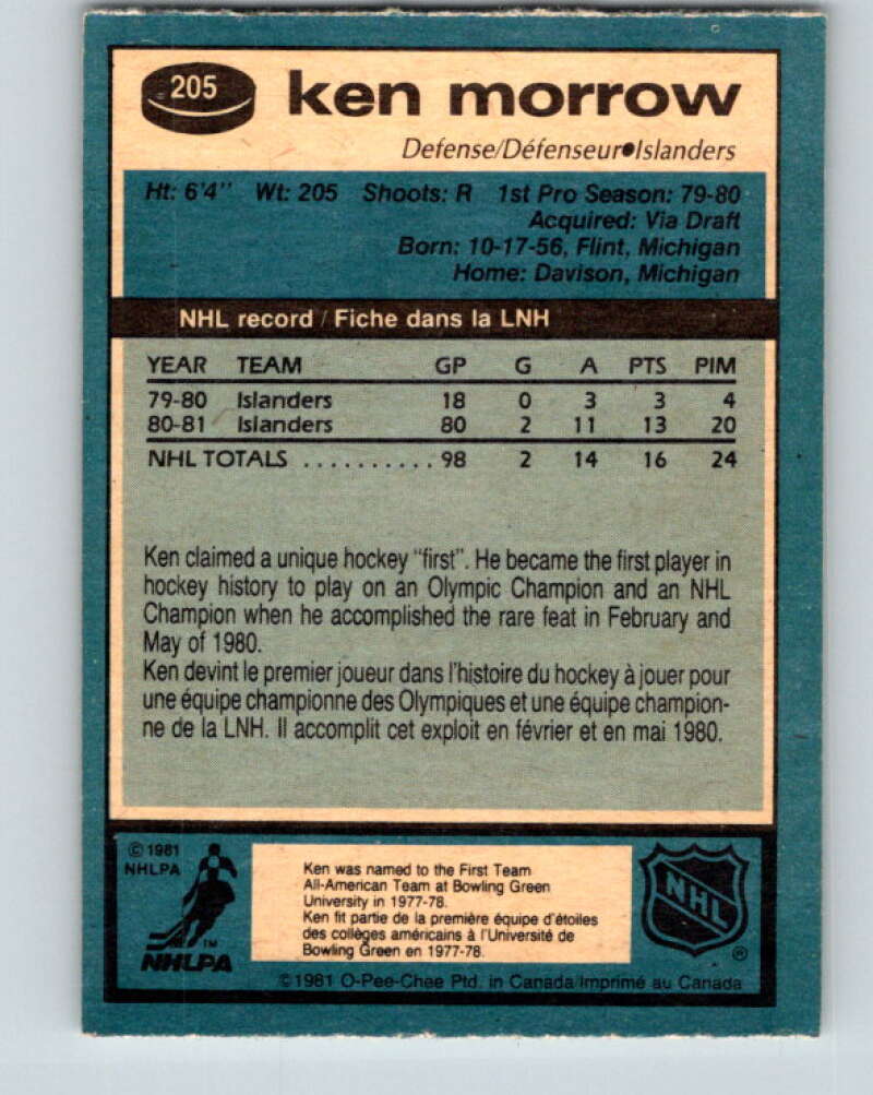 1981-82 O-Pee-Chee #205 Ken Morrow New York Islanders V30937