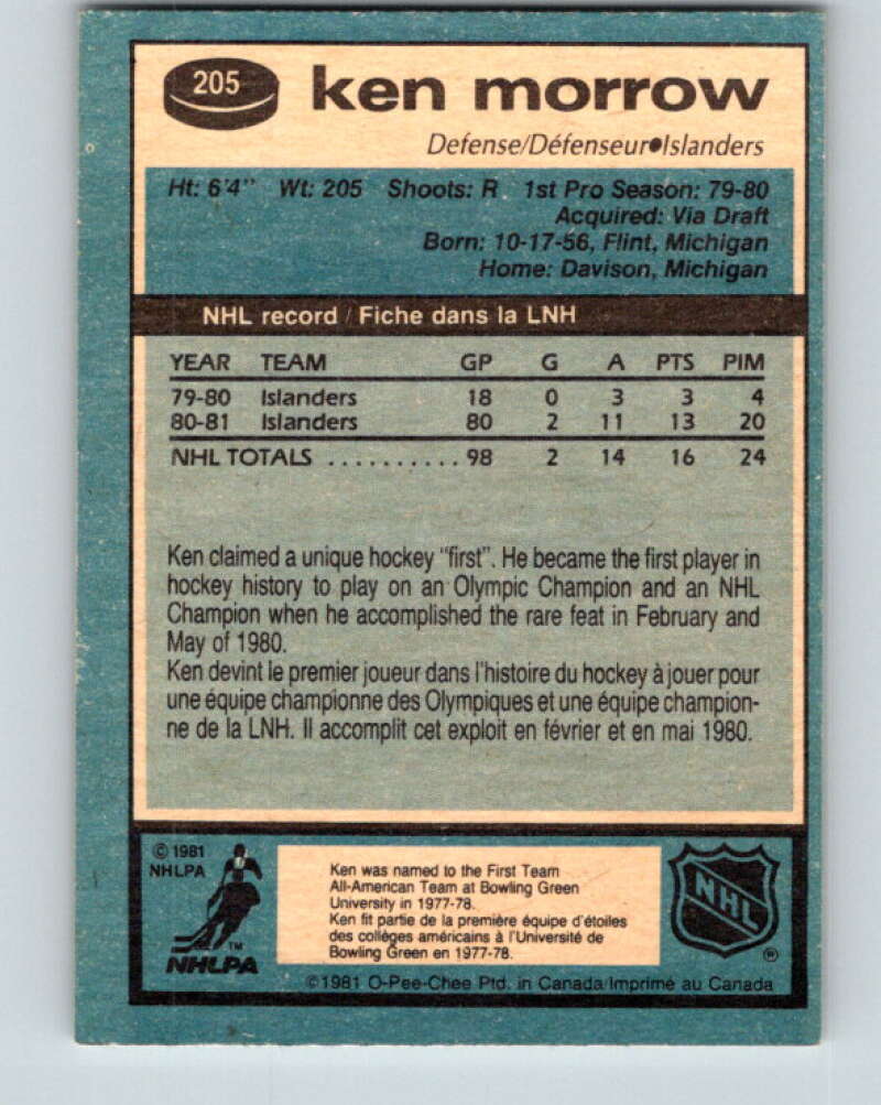 1981-82 O-Pee-Chee #205 Ken Morrow New York Islanders V30938