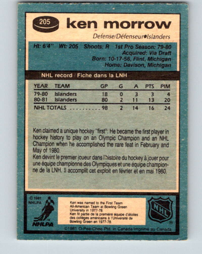 1981-82 O-Pee-Chee #205 Ken Morrow New York Islanders V30939
