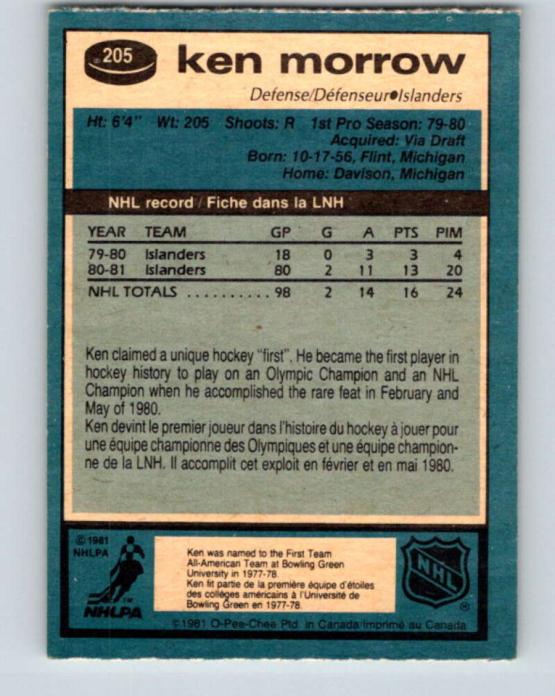 1981-82 O-Pee-Chee #205 Ken Morrow New York Islanders V30940