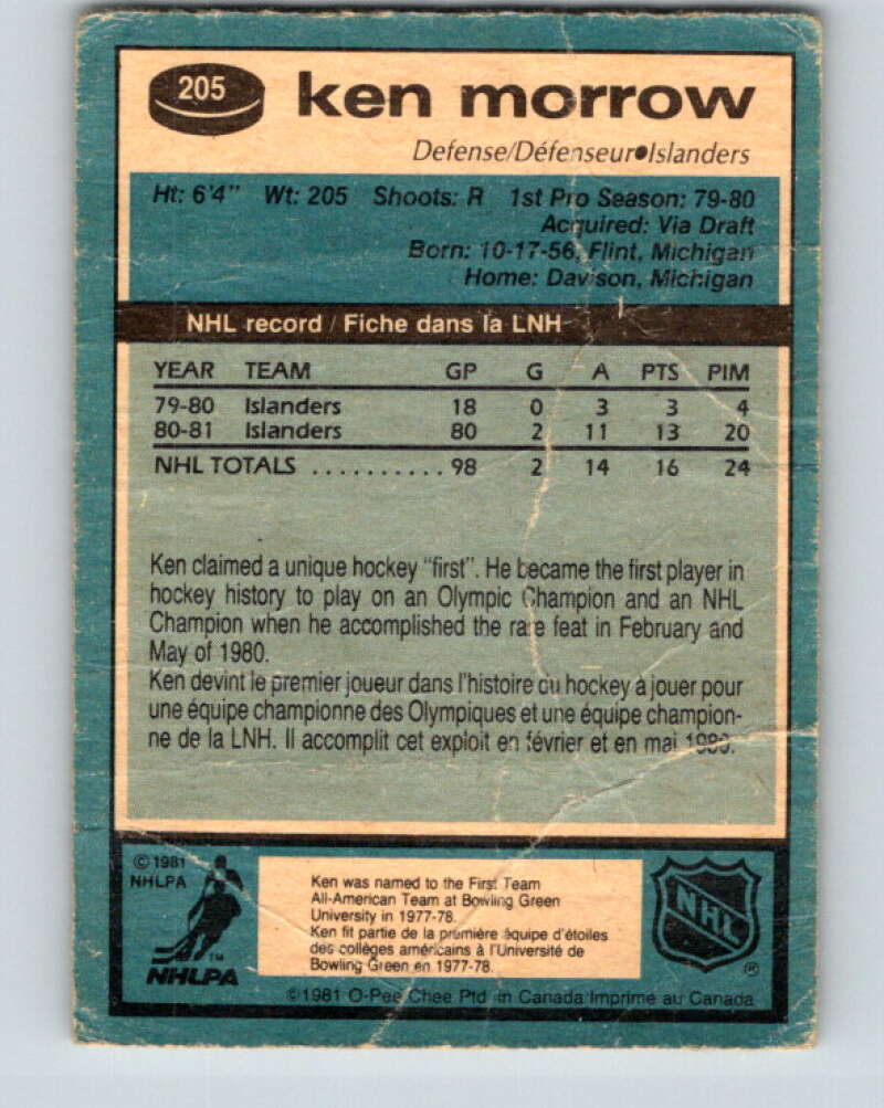 1981-82 O-Pee-Chee #205 Ken Morrow New York Islanders V30941