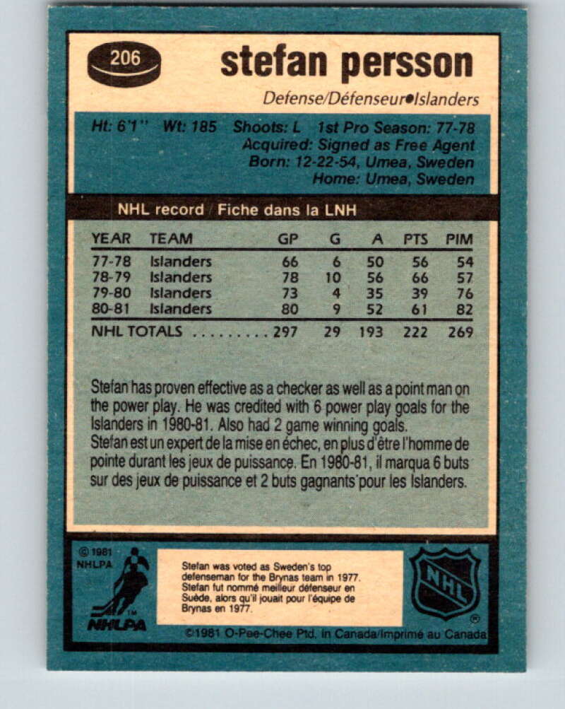 1981-82 O-Pee-Chee #206 Stefan Persson New York Islanders V30942