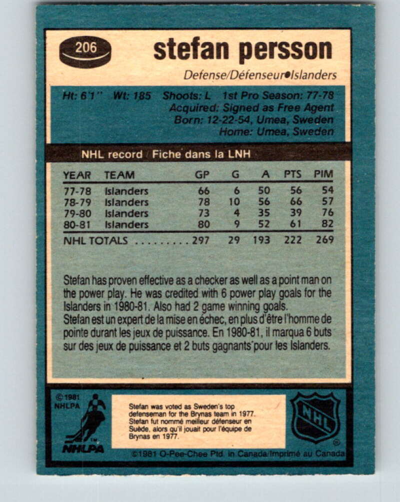1981-82 O-Pee-Chee #206 Stefan Persson New York Islanders V30944