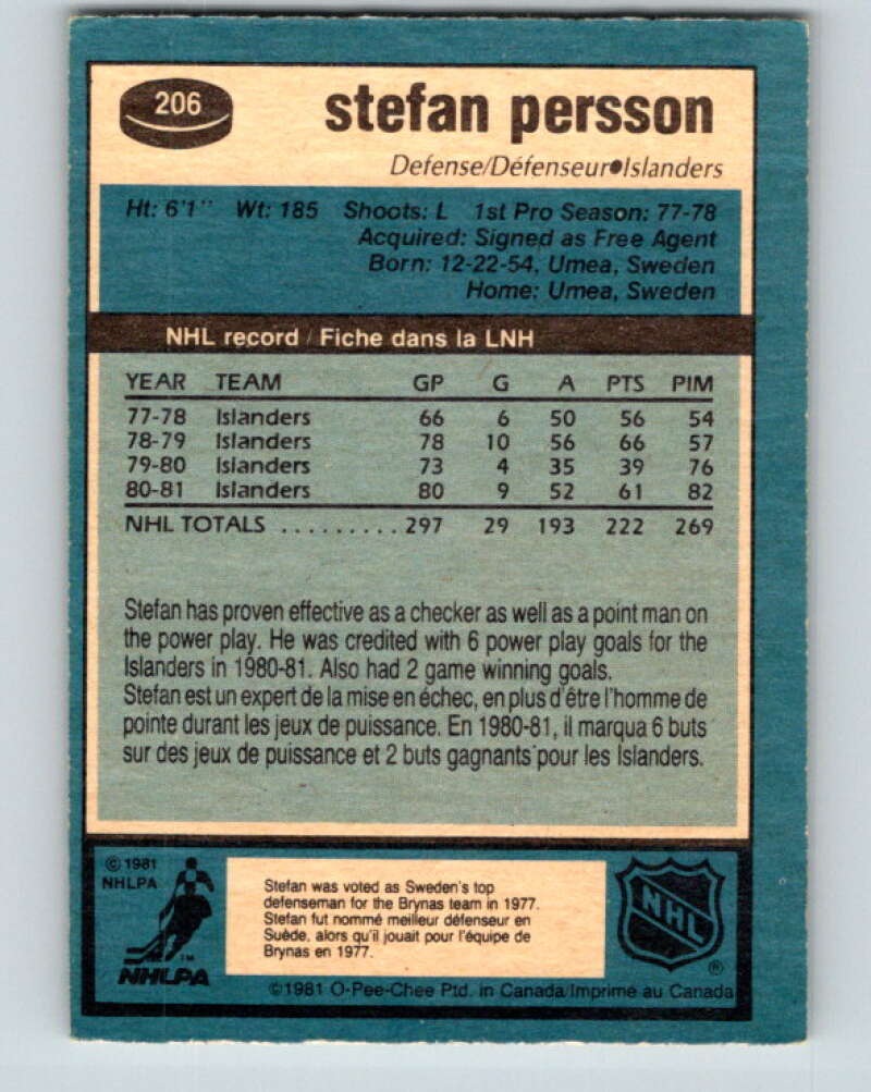 1981-82 O-Pee-Chee #206 Stefan Persson New York Islanders V30945