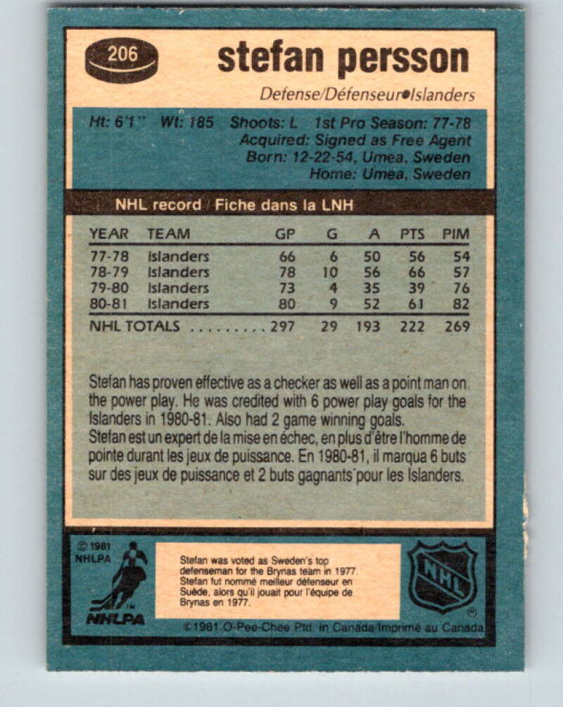 1981-82 O-Pee-Chee #206 Stefan Persson New York Islanders V30946