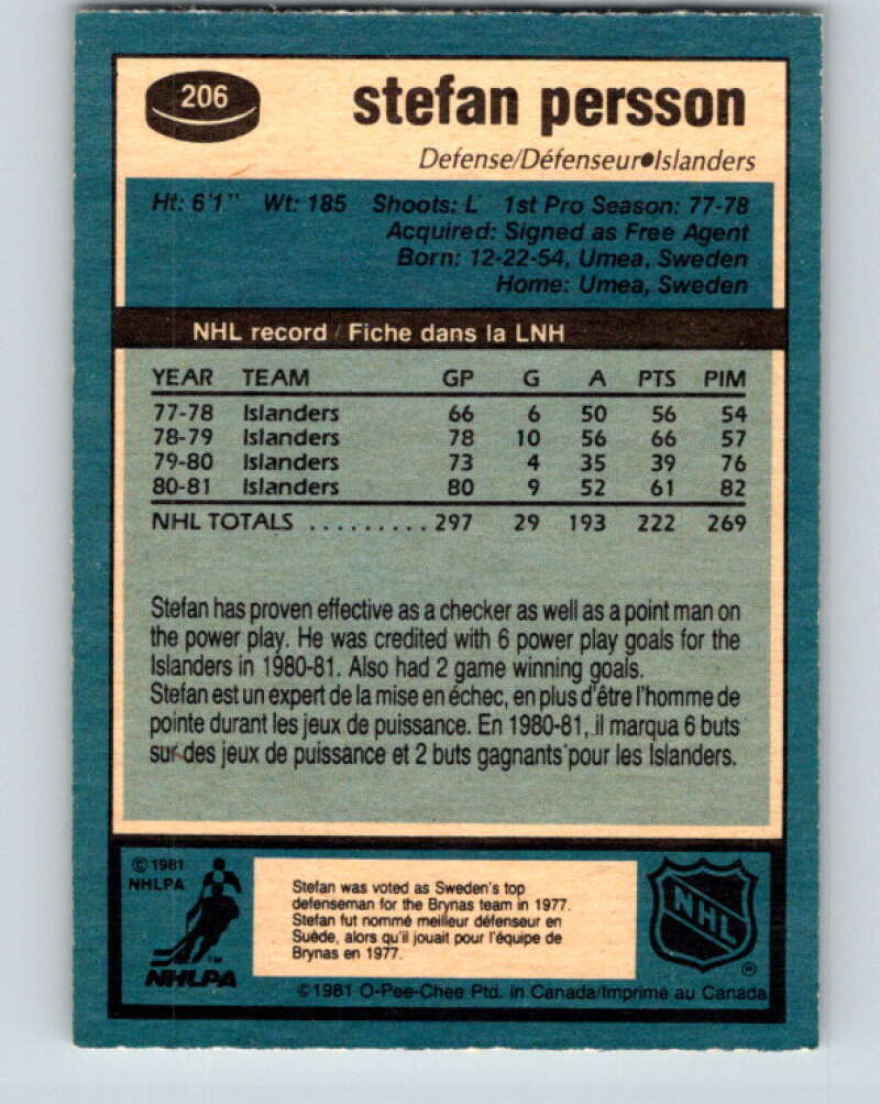 1981-82 O-Pee-Chee #206 Stefan Persson New York Islanders V30947