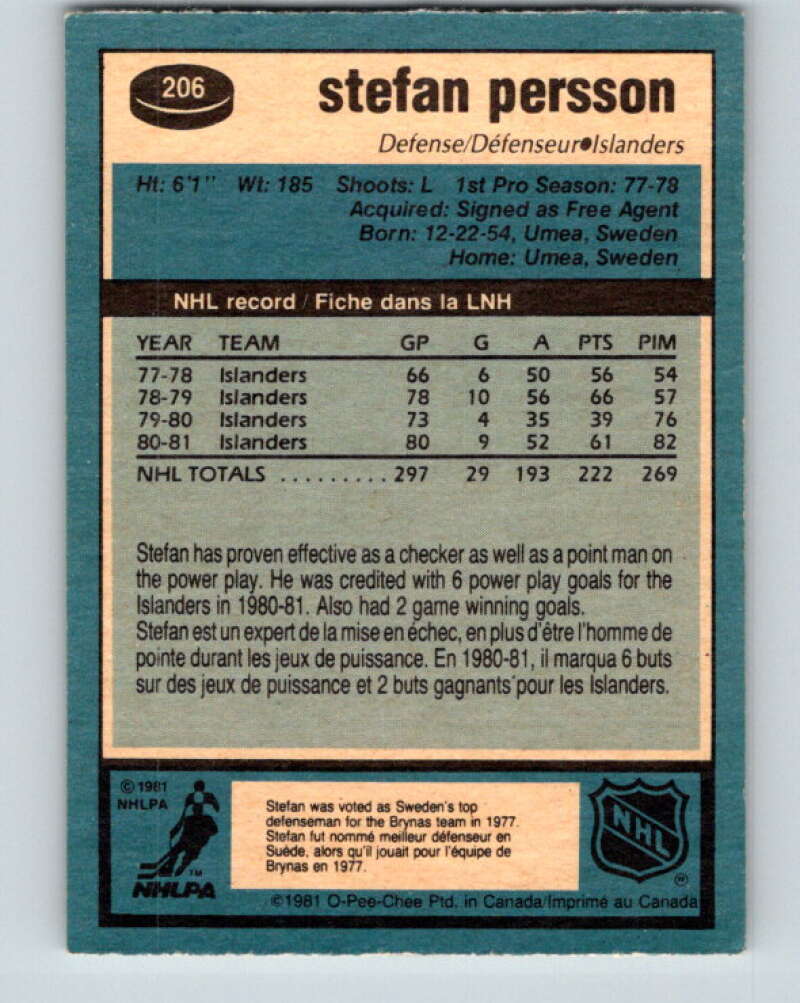 1981-82 O-Pee-Chee #206 Stefan Persson New York Islanders V30948