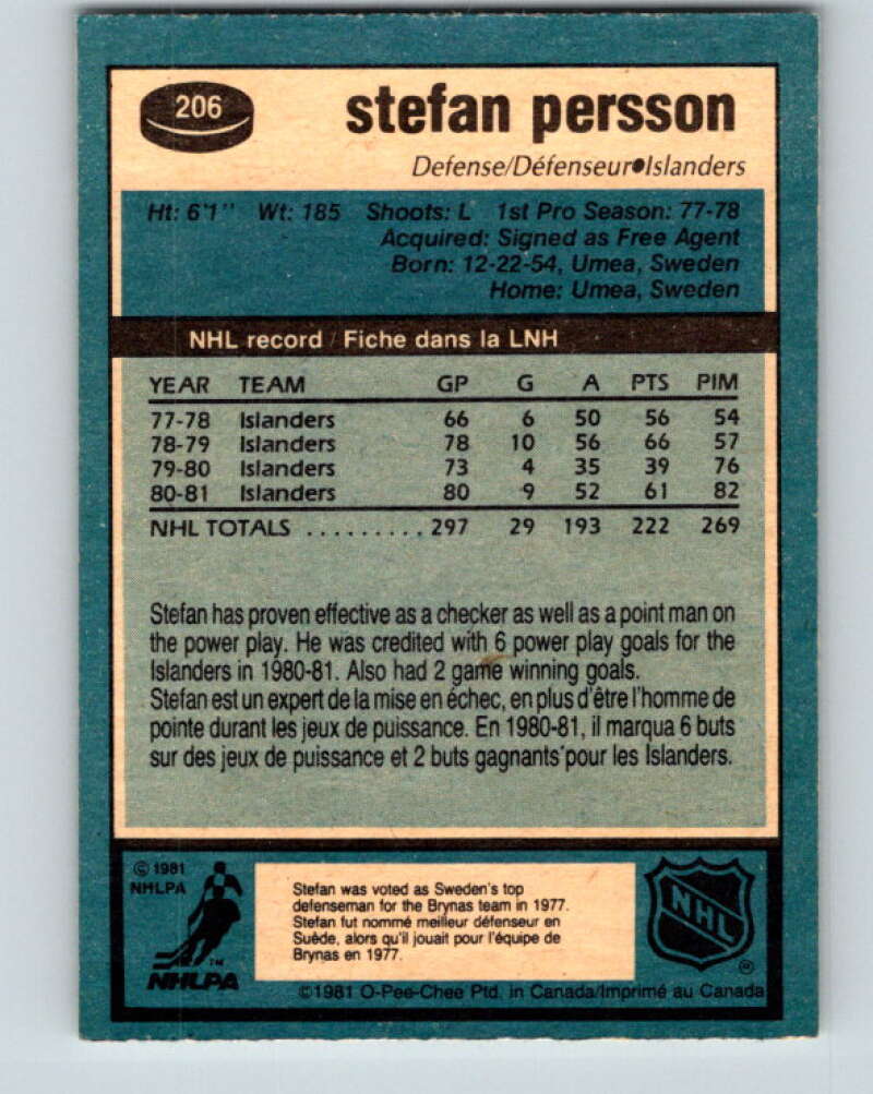1981-82 O-Pee-Chee #206 Stefan Persson New York Islanders V30949