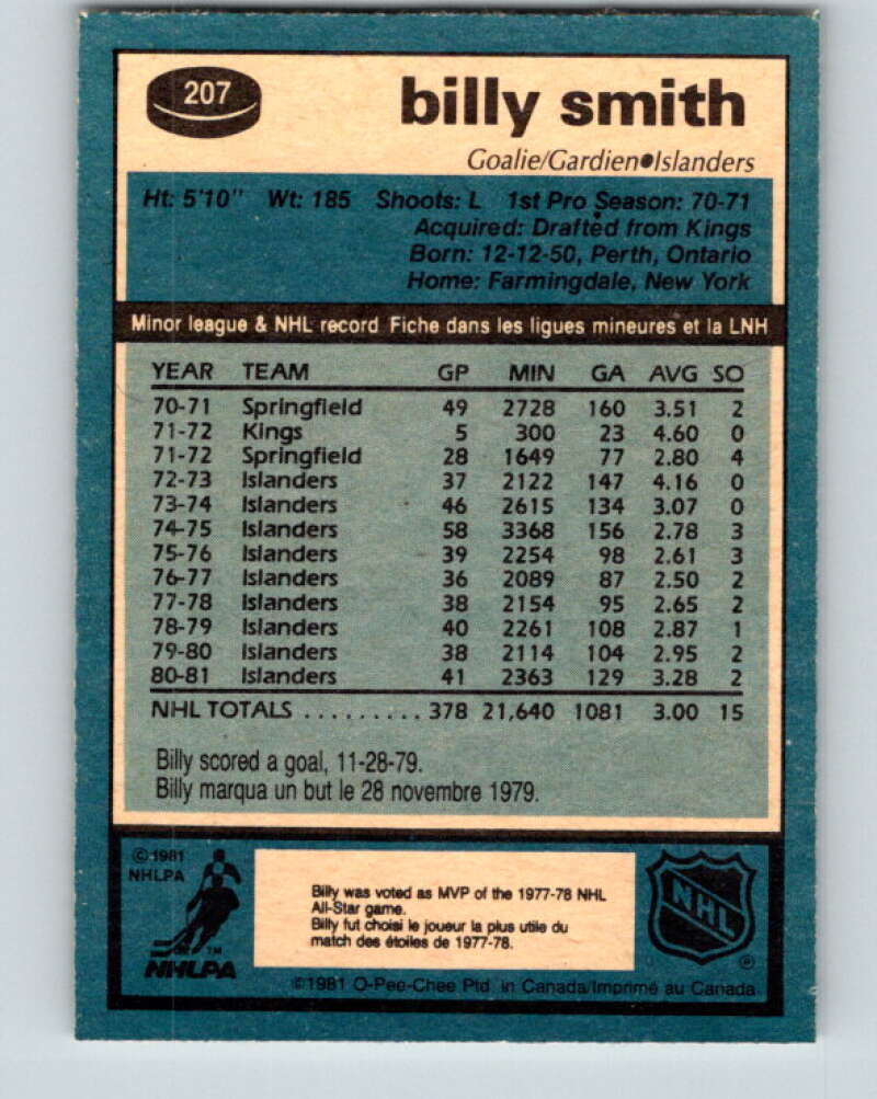 1981-82 O-Pee-Chee #207 Billy Smith New York Islanders V30950