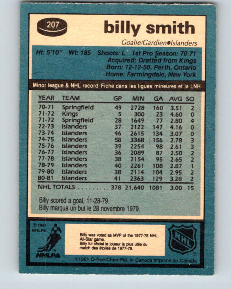 1981-82 O-Pee-Chee #207 Billy Smith New York Islanders V30952