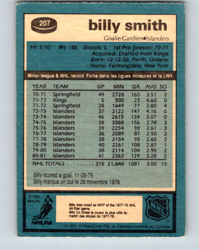 1981-82 O-Pee-Chee #207 Billy Smith New York Islanders V30953