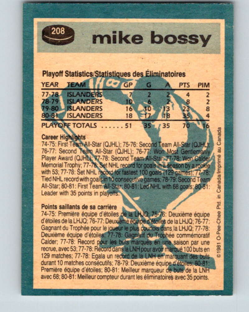 1981-82 O-Pee-Chee #208 Mike Bossy New York Islanders V30954