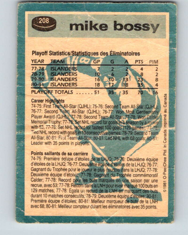 1981-82 O-Pee-Chee #208 Mike Bossy New York Islanders V30955