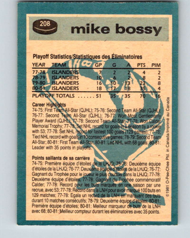 1981-82 O-Pee-Chee #208 Mike Bossy New York Islanders V30956