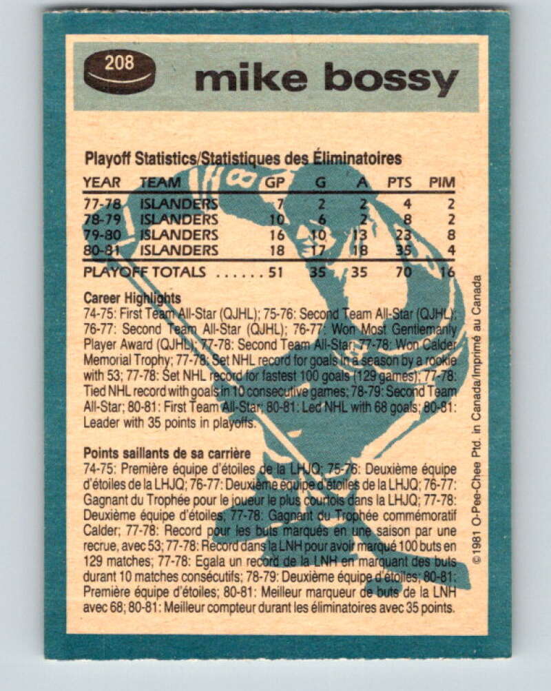 1981-82 O-Pee-Chee #208 Mike Bossy New York Islanders V30957