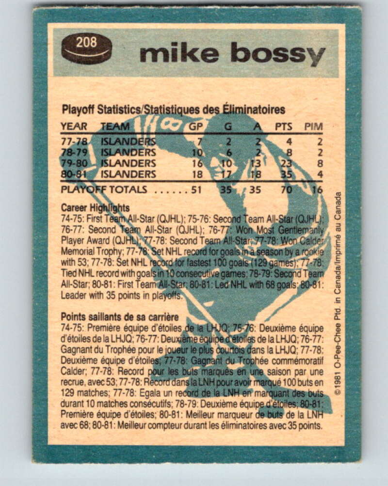 1981-82 O-Pee-Chee #208 Mike Bossy New York Islanders V30958