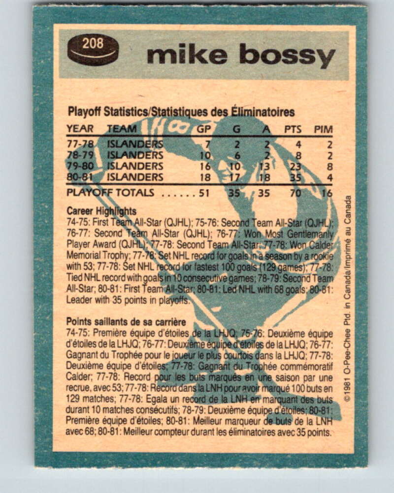 1981-82 O-Pee-Chee #208 Mike Bossy New York Islanders V30959