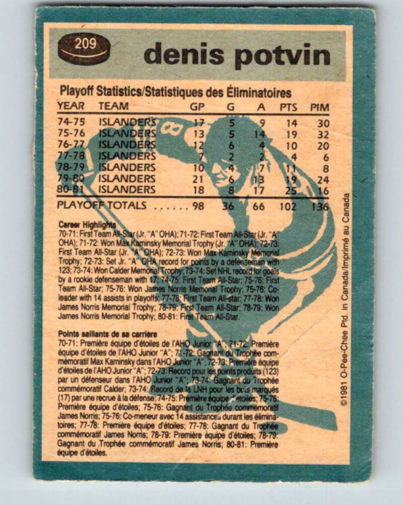 1981-82 O-Pee-Chee #209 Denis Potvin New York Islanders V30961