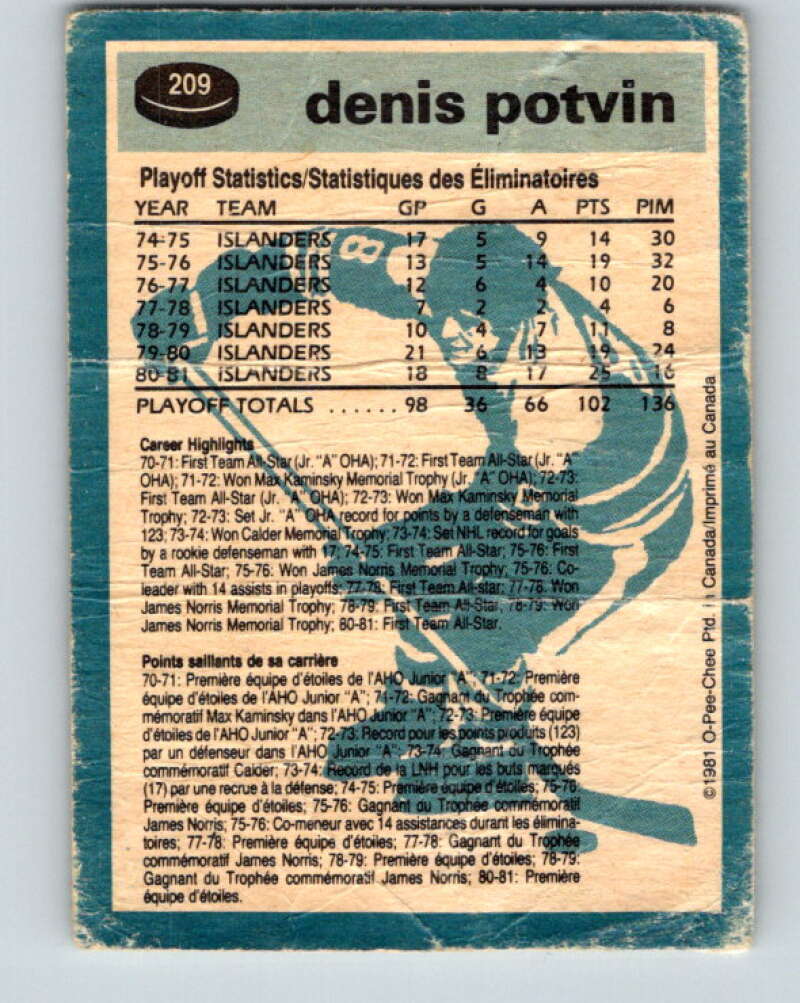 1981-82 O-Pee-Chee #209 Denis Potvin New York Islanders V30963