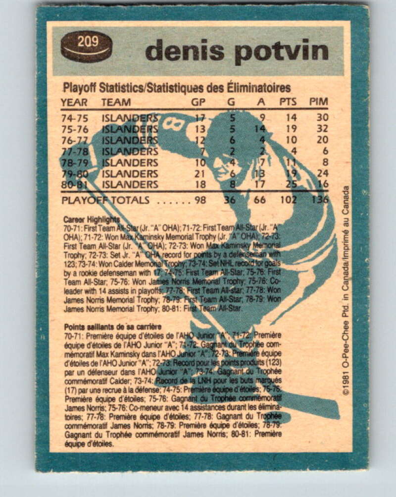 1981-82 O-Pee-Chee #209 Denis Potvin New York Islanders V30968