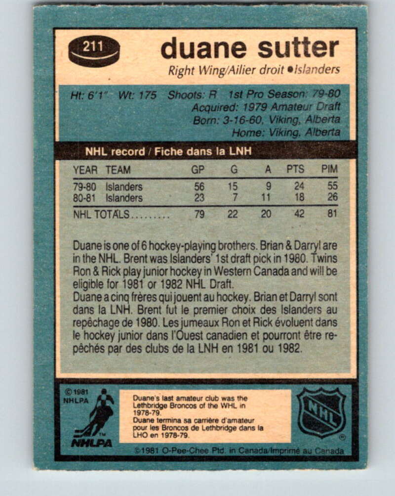 1981-82 O-Pee-Chee #211 Duane Sutter RC Rookie Islanders V30979