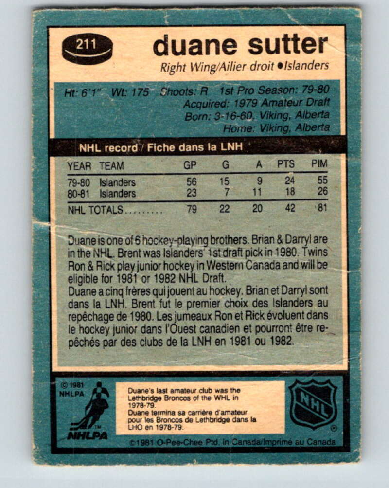 1981-82 O-Pee-Chee #211 Duane Sutter RC Rookie Islanders V30980