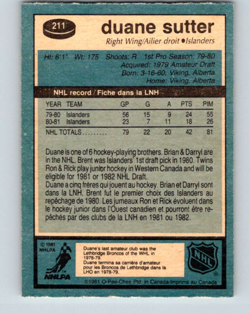 1981-82 O-Pee-Chee #211 Duane Sutter RC Rookie Islanders V30982