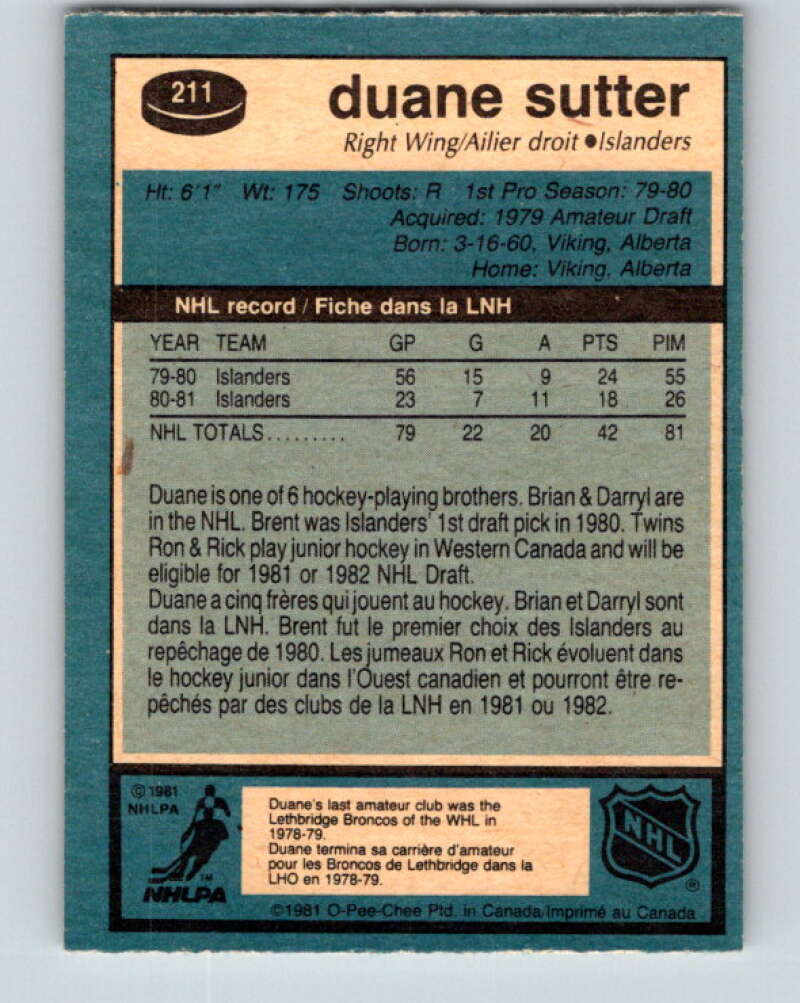 1981-82 O-Pee-Chee #211 Duane Sutter RC Rookie Islanders V30983