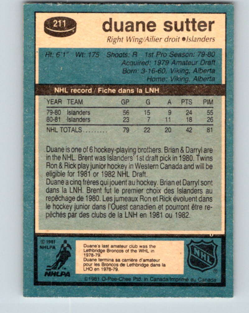 1981-82 O-Pee-Chee #211 Duane Sutter RC Rookie Islanders V30984